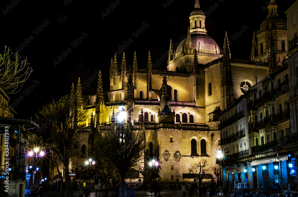 Night view of the Cathedral of Segovia, Spain.