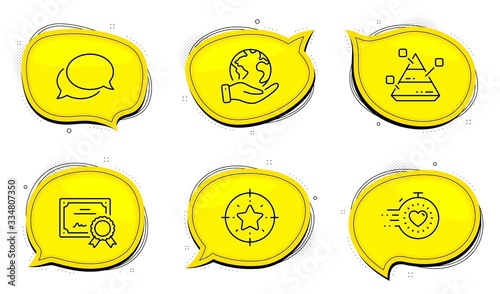 Star target sign. Diploma certificate, save planet chat bubbles. Pyramid chart, Timer and Messenger line icons set. Report analysis, Deadline management, Speech bubble. Winner award. Vector