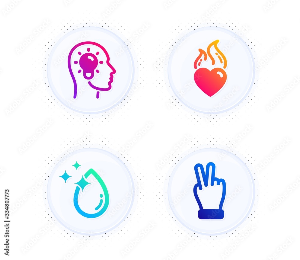 Heart flame, Idea head and Water drop icons simple set. Button with halftone dots. Victory hand sign. Love fire, Lightbulb, Crystal aqua. Gesture palm. Business set. Vector