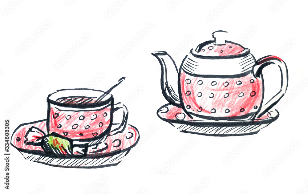 Red and white teapot with a cup with a pattern of white polka dots. Cup and saucer and candy.