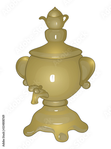 Realistic drawing of a Golden samovar. Russian, traditional samovar, drinking utensils, isolated, white, vector