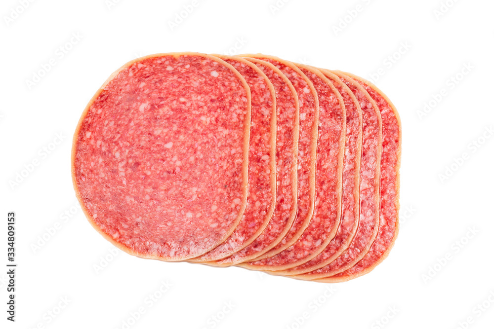 Salami slices isolated on white background. Salami slices isolated on white background.