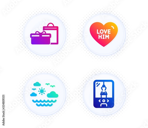 Gifts, Love him and Travel sea icons simple set. Button with halftone dots. Crane claw machine sign. Birthday boxes, Sweetheart, Summer holidays. Attraction park. Holidays set. Vector