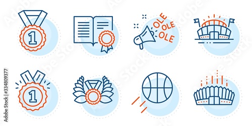 Ole chant, Arena stadium and Laureate medal signs. Basketball, Sports arena and Approved line icons set. Best rank, Diploma symbols. Sport ball, Event stadium. Sports set. Outline icons set. Vector