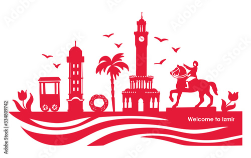 Vector illustration Izmir landmarks. Famous Turkish symbols. Travel to Turkey concept. City silhouette in red color. Horizontal banner or card design with hand drawn doodle elements. 