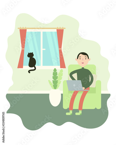 Man freelancer works remote behind  laptop, surfing internet, self employed, home office workplace in quarantine. Flat style vector illustration