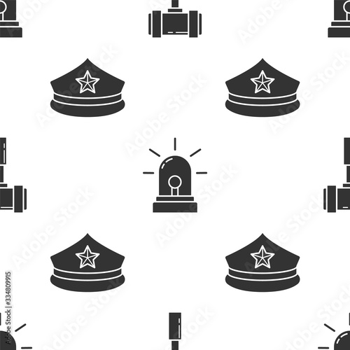 Set Judge gavel, Flasher siren and Police cap with cockade on seamless pattern. Vector