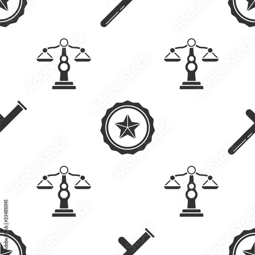 Set Police rubber baton, Police badge and Scales of justice on seamless pattern. Vector