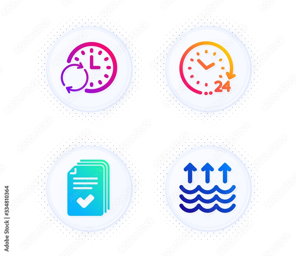 Update time, 24 hours and Handout icons simple set. Button with halftone dots. Evaporation sign. Refresh clock, Time, Documents example. Global warming. Education set. Vector