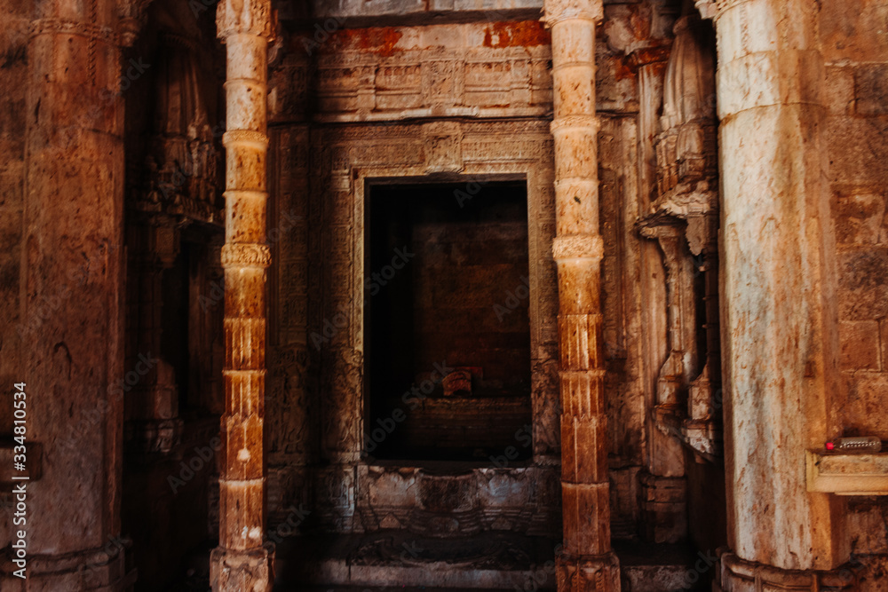 View of the interior of the Jain lakhena Temple at Polo Forest in Gujarat, India