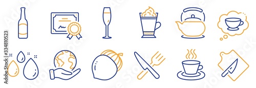 Set of Food and drink icons, such as Food, Teapot. Certificate, save planet. Acorn, Water drop, Champagne glass. Beer, Latte coffee, Tea cup. Cutting board, Coffee cup line icons. Vector