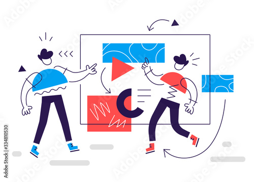 Vector creative business illustration of geometric successful man with screen board on white background. Startup project presentation.