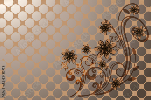 Floral ornament - large flowers with curved stems and leaves on a beige background with a geometric pattern of circles.