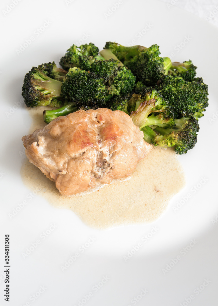 rabbit saddle braised with sour cream and white wine garnished with parfried broccoli rabbit saddle braised with sour cream and white wine garnished with parfried broccoli