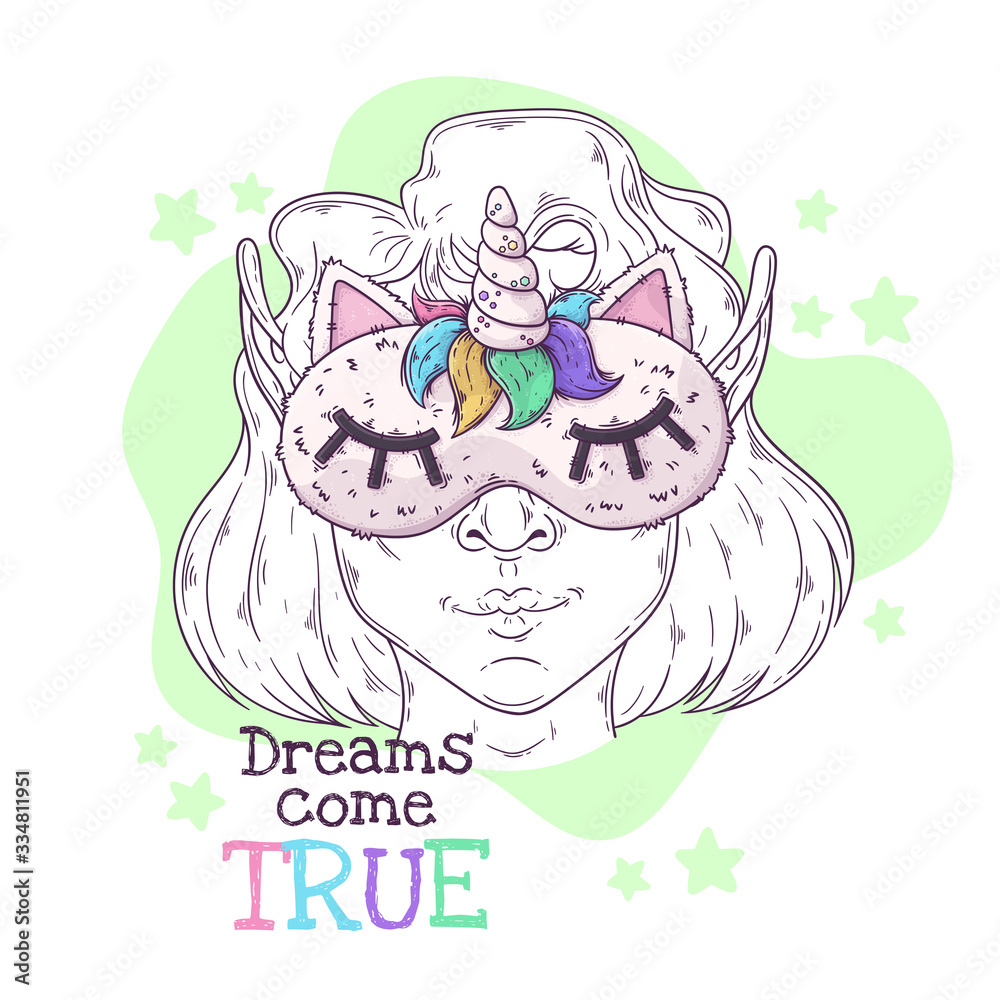 Hand drawn illustration of the girl in a night mask with a horn Vector. Hand drawn illustration of the girl in a night mask with a horn Vector.