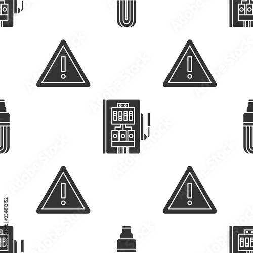 Set LED light bulb, Electrical panel and Exclamation mark in triangle on seamless pattern. Vector