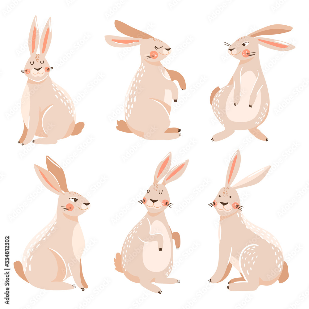 Set of cute forest bunny in various poses. Vector illustration for card, sticker, invitation, poster, packaging etc.