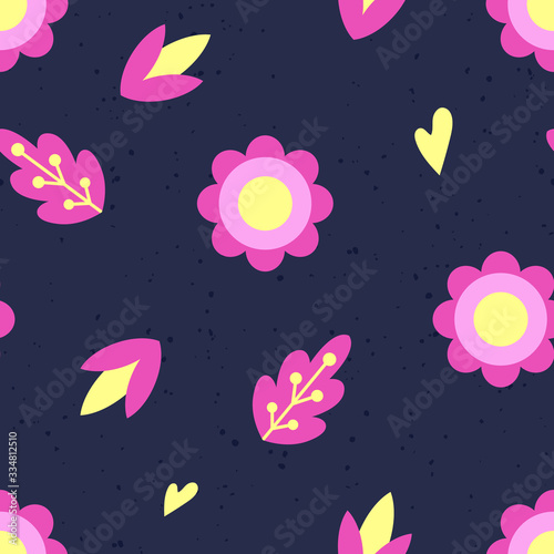 Vector bright floral seamless pattern on the dark background. Botanical illustration. Artwork for wallpaper, textile, greeting cards, invitations, prints, home decor.