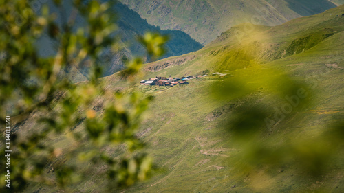 View on Dano village through the trees. Omalo Shatili trek. photo