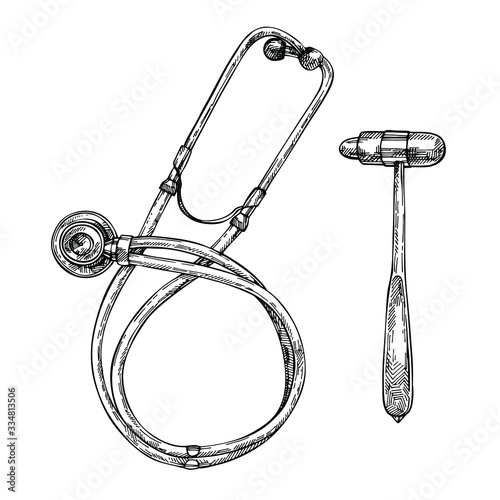 Hand-drawn sketch of Classic Stethoscope, neurological hammer and a phonendoscope. Medical tools. Sketch ink Stethoscope.