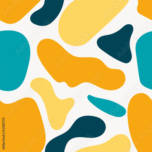 Abstract liquid shapes seamless repeat vector pattern.Hand drawn various shapes. Contemporary modern trendy vector illustrations.Green,yellow and blue liquid shapes on white background.