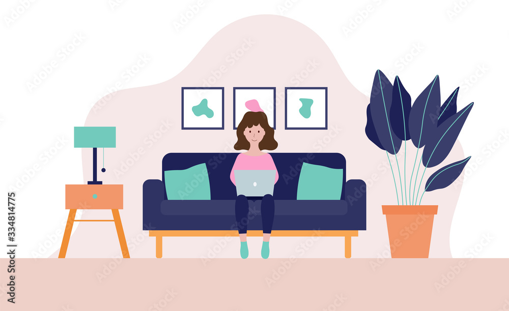 Woman sitting on a sofa with laptop flat vector illustration isolated on a white background.Studying or freelance concept.Girl working from home.Stay at home concept.