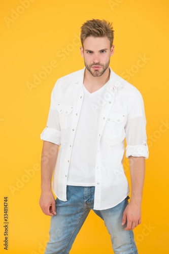 Reached privileged position. Attractive man wear shirt. Confident in his appealing. Bearded guy business style. Handsome man fashion model. Sexy macho man. Formal fashion. Formal style. Clothes shop