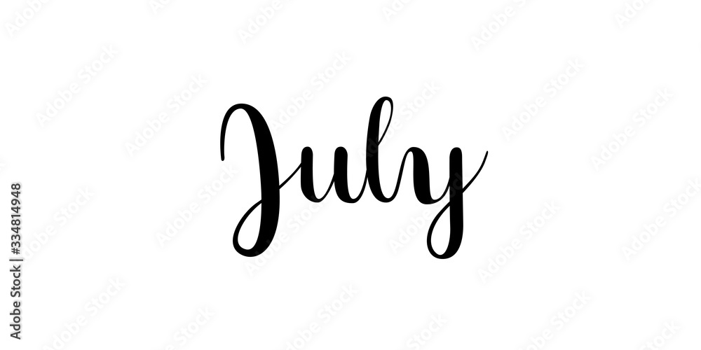 July. Handwritten month name on white background. Vector text element with black inscription. Modern brush calligraphy style July. Handwritten month name on white background. Vector text element with black inscription. Modern brush calligraphy style