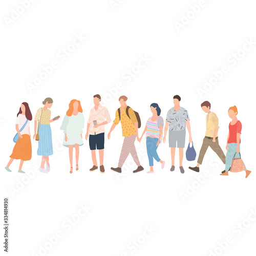 Walking young people. Men and women in colorful clothes in different poses stand and go about their business. Vector illustration
