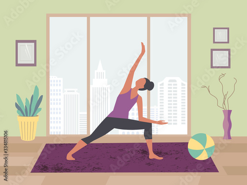 Girl training yoga stay at home vector