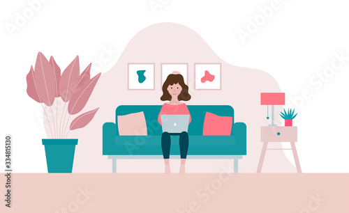 Woman sitting on a sofa with laptop flat vector illustration isolated on a white background.Studying or freelance concept.Girl working from home.Stay at home concept.
