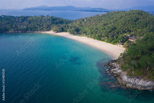 Aerial drone view of tropical empty Surin Beach in Phuket, Thailand