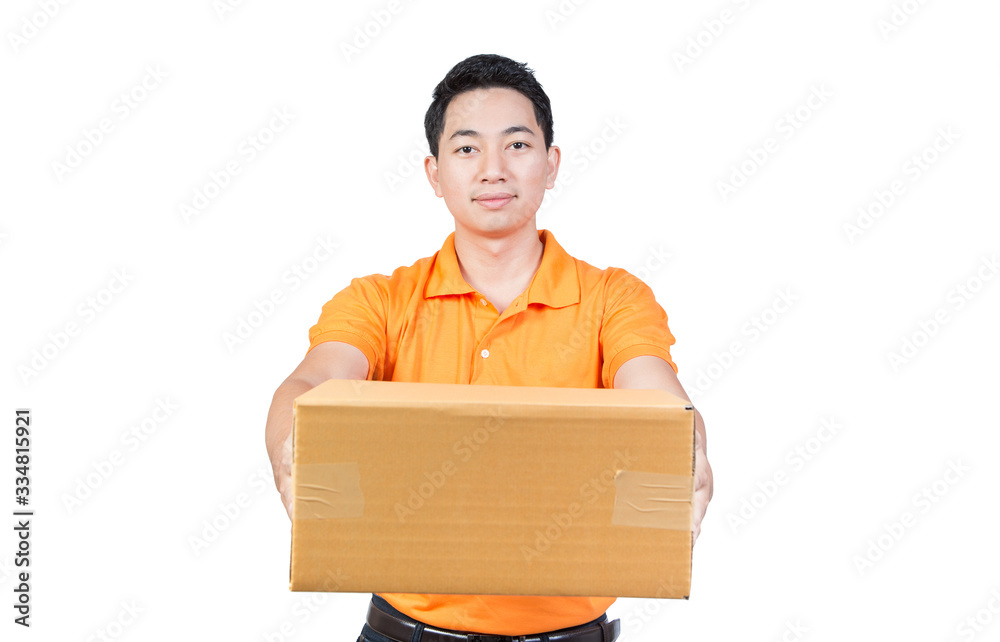 young delivery man holding box cardboard give the package isolated on white background young delivery man holding box cardboard give the package isolated on white background