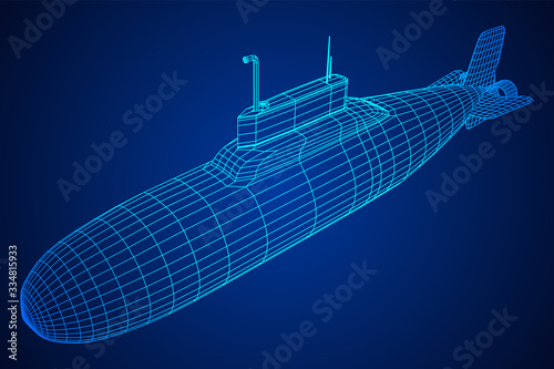 Military atomic submarine underwater boat. Wireframe low poly mesh vector illustration