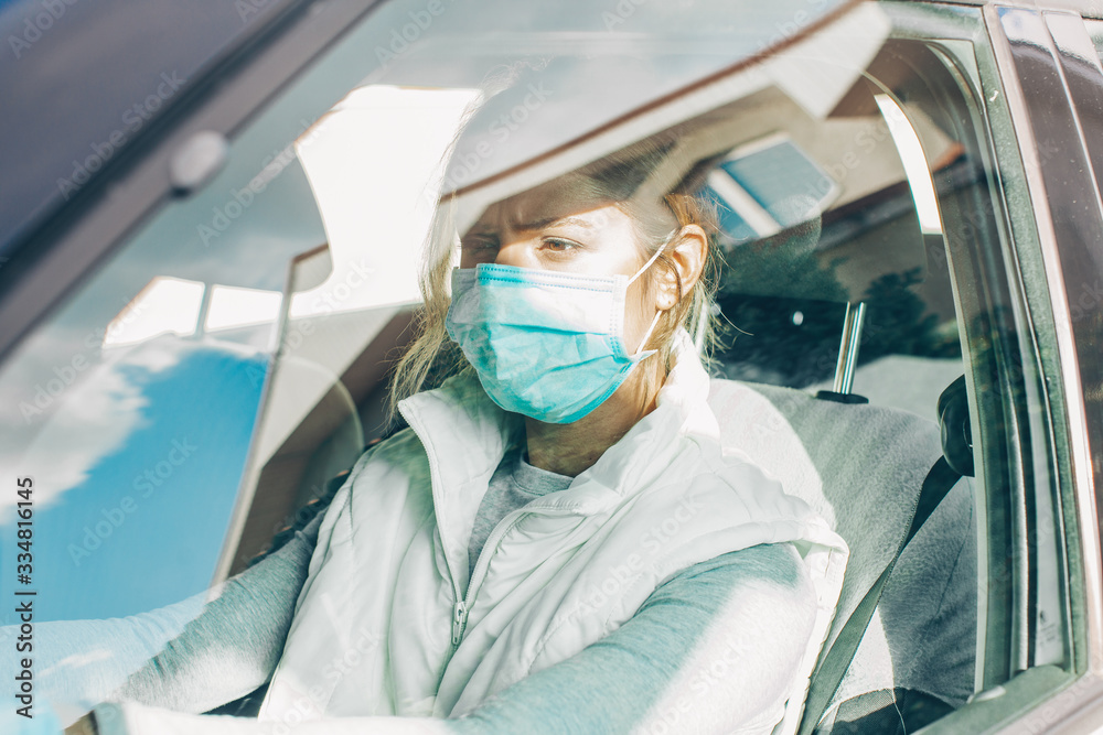 Woman mask. COVID-19. Woman car. Mask. Virus. 