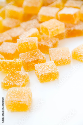 Wallpaper Mural Pineapple, lemon, vanilla pate de fruit (jelly, marmalade, fruit candy) covered with sugar. White background, back view.  Torontodigital.ca