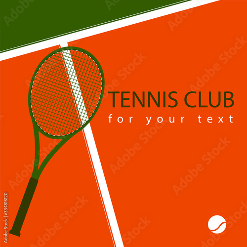 Bright vector illustration with place for text. Green tennis racket on a red and green color playground. The concept of a tennis club, cover, poster, sports article, banner.