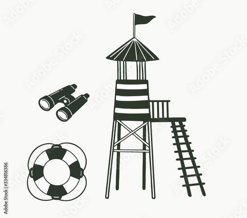 Monochrome black and white rescue tower with stairs, circle and binoculars. 