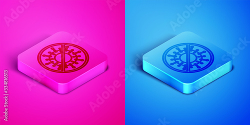 Isometric line Stop virus icon isolated on pink and blue background. Corona virus 2019-nCoV. Bacteria and germs, cell cancer, microbe, fungi. Square button. Vector Illustration