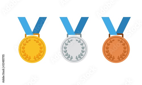 Gold, silver and bronze medal icon set. First, second and third place or award medals icon flat in modern colour design concept on isolated white background. EPS 10 vector.