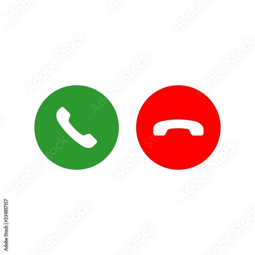 Accept and decline call or red and green yes/no buttons with handset silhouettes icon. Call answer on isolated white background. EPS 10 vector.