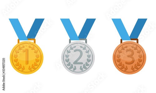 Gold, silver and bronze medal icon set. First, second and third place or award medals icon flat in modern colour design concept on isolated white background. EPS 10 vector.