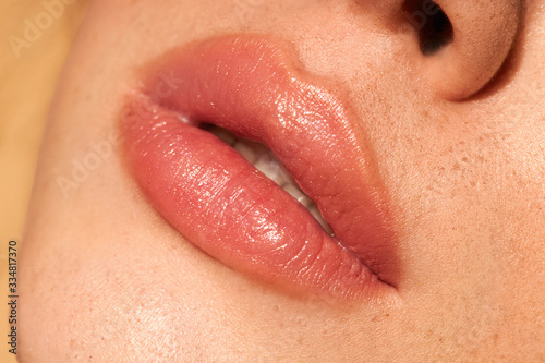 Close-up nude lips. Fresh make-up. Clean skin. Natural retouching