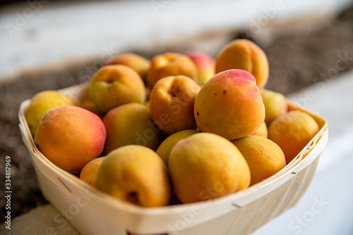 Healthy orange apricots in wooden basket  close up.