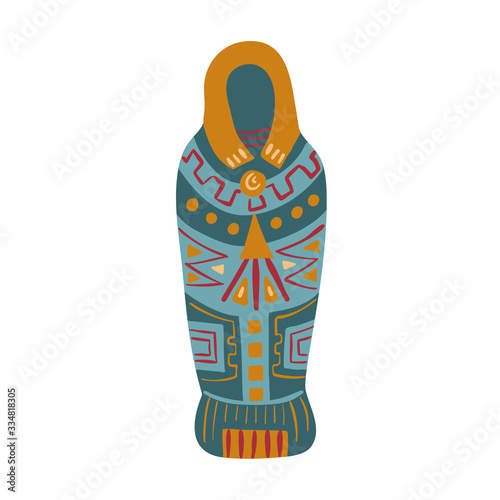 Egyptian sarcophagus exhibit isolated on white background. Golden statuette. Ancient artifact. The Inca culture. Museum piece. Vector illustration. Flat style.