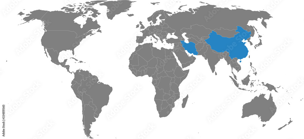 Iran, china countries highlighted on world map. Gray background. Business concepts, health, trade, transport. Iran, china countries highlighted on world map. Gray background. Business concepts, health, trade, transport.
