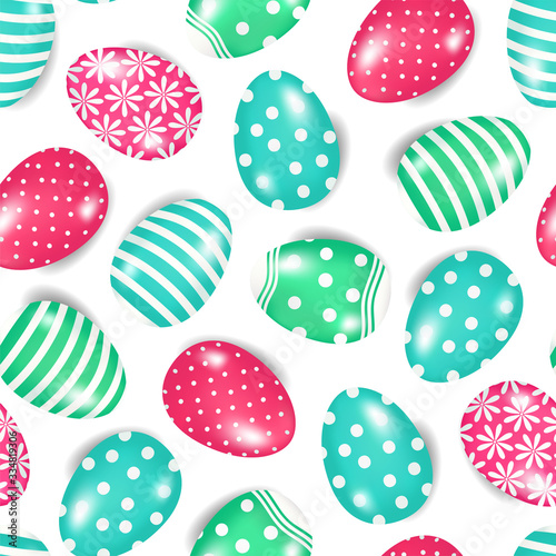 Hand drawn seamless pattern of many eggs with lines, circles, flowers, glare. Colorful spring doodle illustration for Easter, greeting card, invitation, wallpaper, wrapping paper, fabric, textile