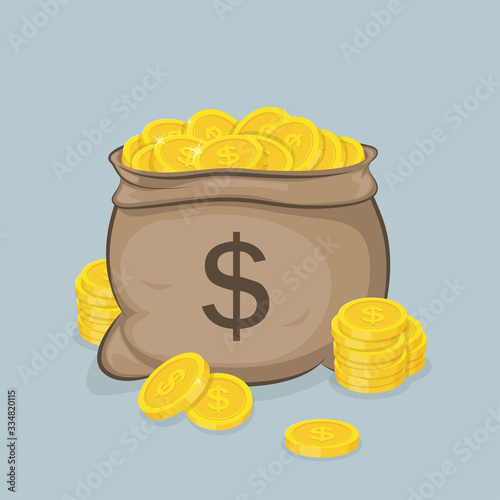 Illustration of a sack with gold coins with images of sign dollar on it.