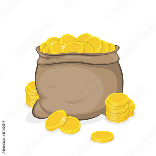 Illustration of a sack with gold coins and coins scattered around it.