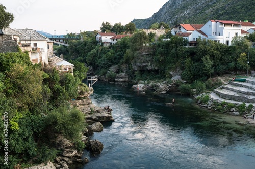 View of the Neretva River and the embankment in Mostar Bosnia and Herzegovina